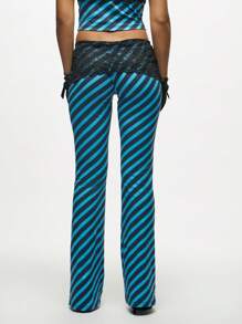 SUMWON WOMEN 斜条纹蕾丝边阔腿裤晚会长裤复古俱乐部服装时尚个性下装秋冬场合魅力 - 藍色 - 查看 2