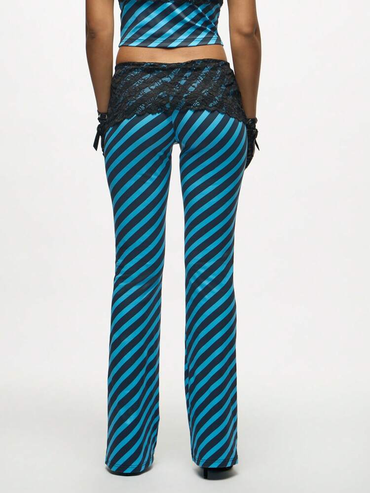 SUMWON WOMEN Diagonal Striped Wide Leg Pants With Lace Waistband