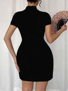 Rafferiza Vestido de mujer con cuello alto retro, unicolor, parche, botón frontal y dobladillo dividido - Negro - Ver 2