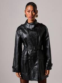 COSMINA Abrigo de trinchera de manga larga de unicolor y minimalista para mujer, chaqueta de cuero de uso diario para mujer en otoño/invierno