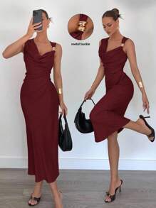 Siren Gaze 女士优雅不对称设计金属扣装饰连衣裙，鸡尾酒会连衣裙 - 酒紅色 - 查看 6