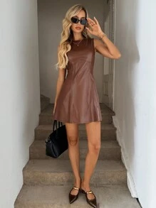 Easowa Váy ngắn chữ A không tay bằng da PU màu nâu dành cho nữ, Thu/Đông - màu nâu - Xem 4