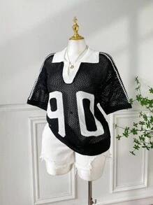 SHEIN EZwear 大码女式数字图案短袖镂空针织上衣 - 黑色 - 查看 3