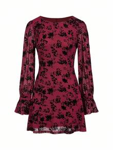 SHEIN Clasi Crew Neck Waist Cinched Flocked Dress, Halloween Dress - Red and Black - View 6