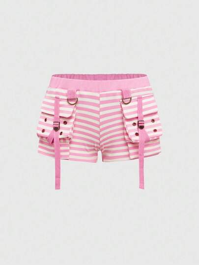 ROMWE Grunge Punk 复古朋克黑灰条纹 3D 口袋 Y2K 性感迷你短裤