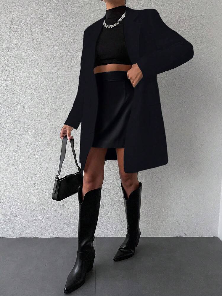 Women's Simple Commuting Workwear Solid Color Lapel Collar Flap Detail Double-Breasted Blazer And Pencil Skirt Suit - Black - View 3