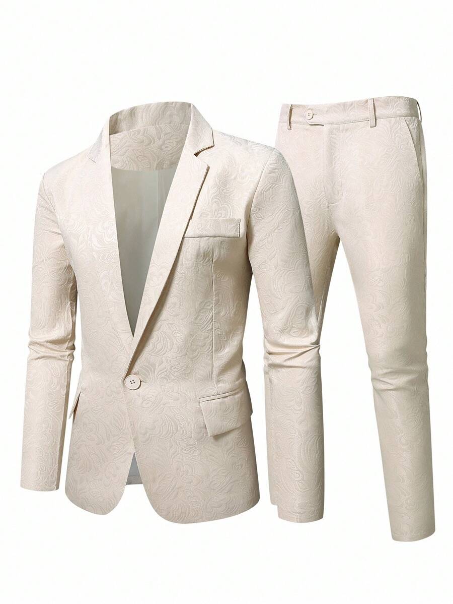 Manfinity Mode Conjunto de Blazer e Calça em Jacquard de Cor Sólida para Homens Plus Size - Preto - Visão 1