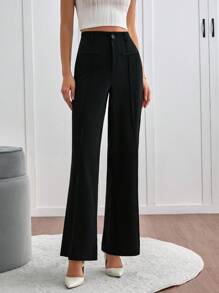 SHEIN Tall Women's Solid Color High Waist Toothpick Stripe Design Loose Casual Commuter Wide Leg Pants