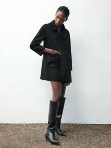 Maija Wool Material Women's Solid Color Lapel NeckLong Sleeve Double-Breasted Casual Overcoat Modern Urban Casual Fashion Business Casual Women's Office Wear Low-Key Old Money Style Effortless Temperament High-End Urban Commuting High-Quality Airport Women's Wear High-End Material In Fall/Winter Low-Key And Durable Basic Style, All-Match And Suitable For Everyone, Street Fashion Wear, Coffee Shop Wear, Relaxed Wear All-Season - Black - View 5