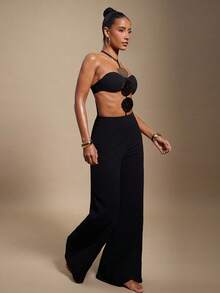 Hauture Mono de mujer sexy de unicolor con decoración de placa metálica hueca para fiesta - Negro - Ver 4