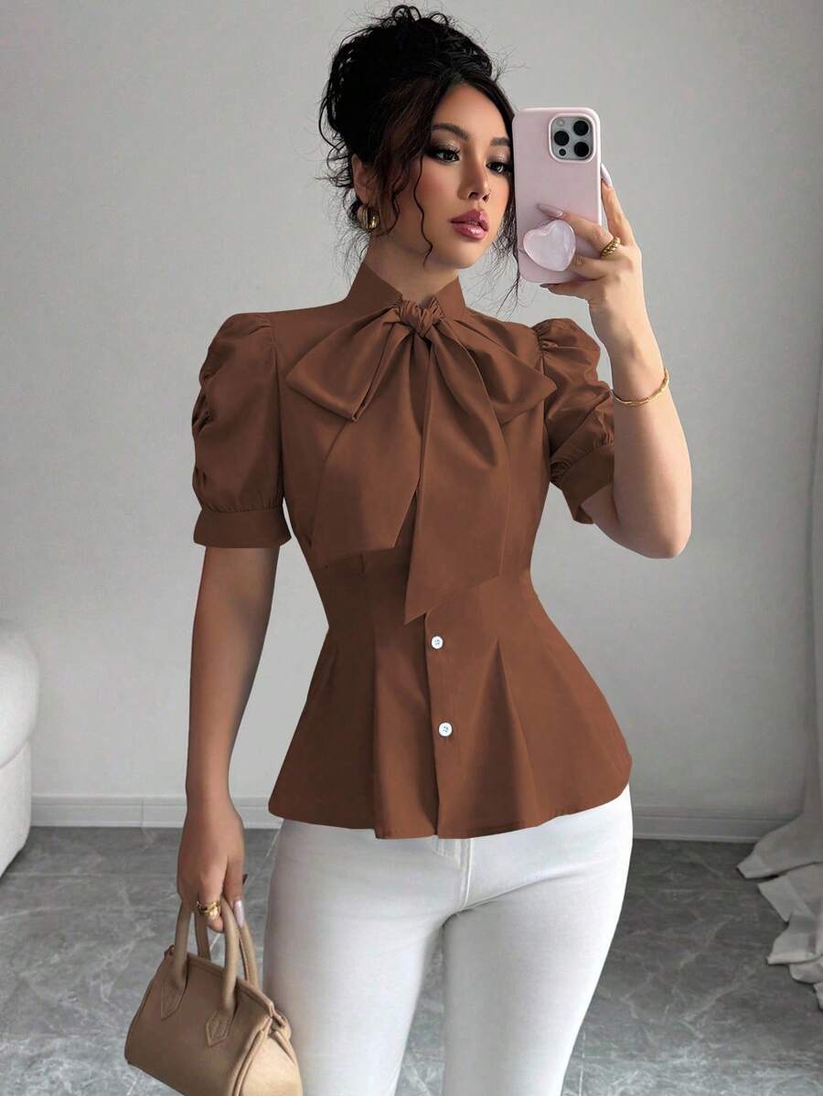 Selianne Áo sơ mi nữ cổ thắt eo màu trơn thanh lịch, mùa hè - Rỉ Nâu - Xem 1