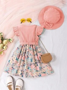 SHEIN Vintaside Kids Vestido estampado floral para niña joven con ribete de volantes y cinturón, y sombrero a juego - Rosa - Ver 2