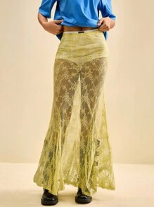 SHEIN Unity 2025 Autumn New Lace Mermaid Hem Casual Y2K Retro Country Music Festival Vintage Street Style Office Date Party Outing Airport Back To School Skirt For Women, Autumn/Winter - Yellow - View 3