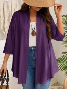 EMERY ROSE Plus Size Plain Long Sleeve Coat, Casual Daily Wear,Vacation,Boho