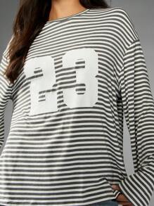 MISSGUIDED Áo thun tay dài kẻ sọc cỡ lớn in số thường ngày thu đông dáng rộng trễ vai thời trang cơ bản mặc hàng ngày áo thun rộng - Nhiều màu - Xem 5