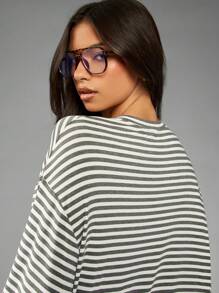 MISSGUIDED Áo thun tay dài kẻ sọc cỡ lớn in số thường ngày thu đông dáng rộng trễ vai thời trang cơ bản mặc hàng ngày áo thun rộng - Nhiều màu - Xem 6