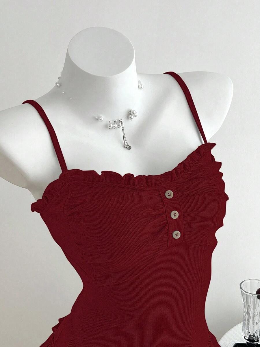 Elamini Women's Casual Camisole Top With Ruffle Trim And Front Pleats