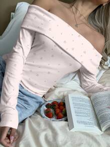 CovetEZ Áo thun nữ hở vai bó sát tay dài thoải mái và đa năng họa tiết hoa màu hồng cho mùa thu/đông - Hồng - Xem 3