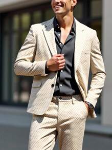Calvornis Men's Casual Business All-Over Print Suit Jacket And Pants Set, Lapel Collar - Khaki - View 6