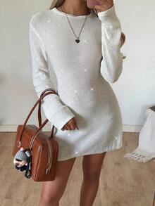 SHEIN EZwear 女士纯色亮片圆领长袖时尚针织连衣裙 - 米色 - 查看 3