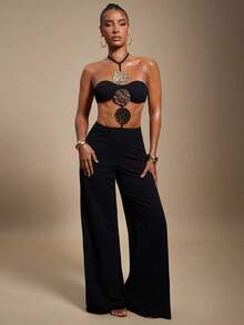 Hauture Mono de mujer sexy de unicolor con decoración de placa metálica hueca para fiesta - Negro - Ver 1