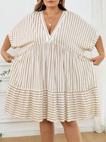 SHEIN CURVE+ Plus Size Women Striped V-Neck Batwing Short Sleeve Ruffle Hem Casual Dressfall Clothes For Women,Winter,CURVE PLUS - Multicolor - View 5