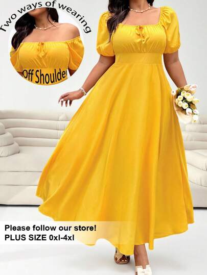  Solflare Plus Size Dam Gul Kortärmad Casual Knyt Framtill Midja Spänd Elegant Semesteroutfits Dam Casual Bröllopsgästklänning, Vår/Sommar, Solklänning, Examensklänning, Festival, Födelsedagsklänningar För Dam