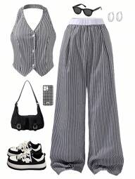 Sparklyn 2ชิ้น ชุดเสื้อกั๊กแขนกุดลายทาง และกางเกงขากว้างลายทาง สำหรับผู้หญิงและวัยรุ่น, ชุดเดินทางแบบสบาย ๆ สำหรับฤดูร้อน