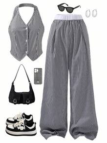 Sparklyn 2 件套女孩和少女条纹无袖背心和宽腿条纹裤套装，休闲通勤装，夏季