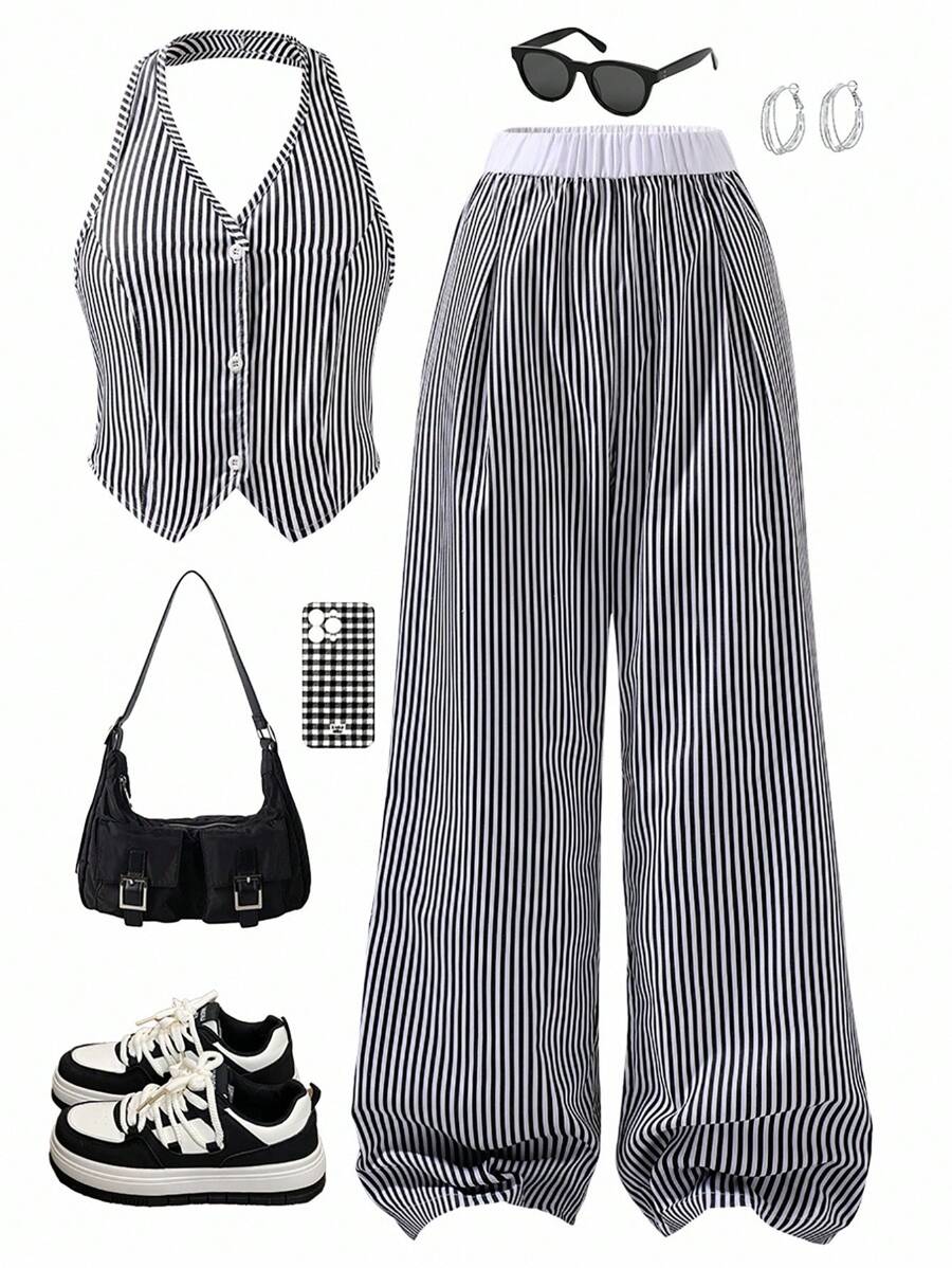 Sparklyn 2 件套女孩和少女条纹无袖背心和宽腿条纹裤套装，休闲通勤装，夏季