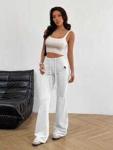 SHEIN EZwear 女式休闲百搭刺绣抽绳腰喇叭裤 - 淺灰色 - 查看 7