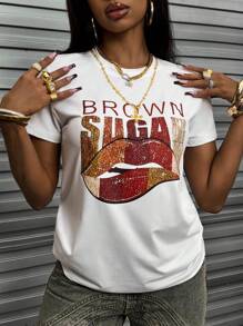 Rovax Women's Lip & Letter Printed Round Neck Short Sleeve T-Shirt Graphic Tees Women Tops - White - View 3