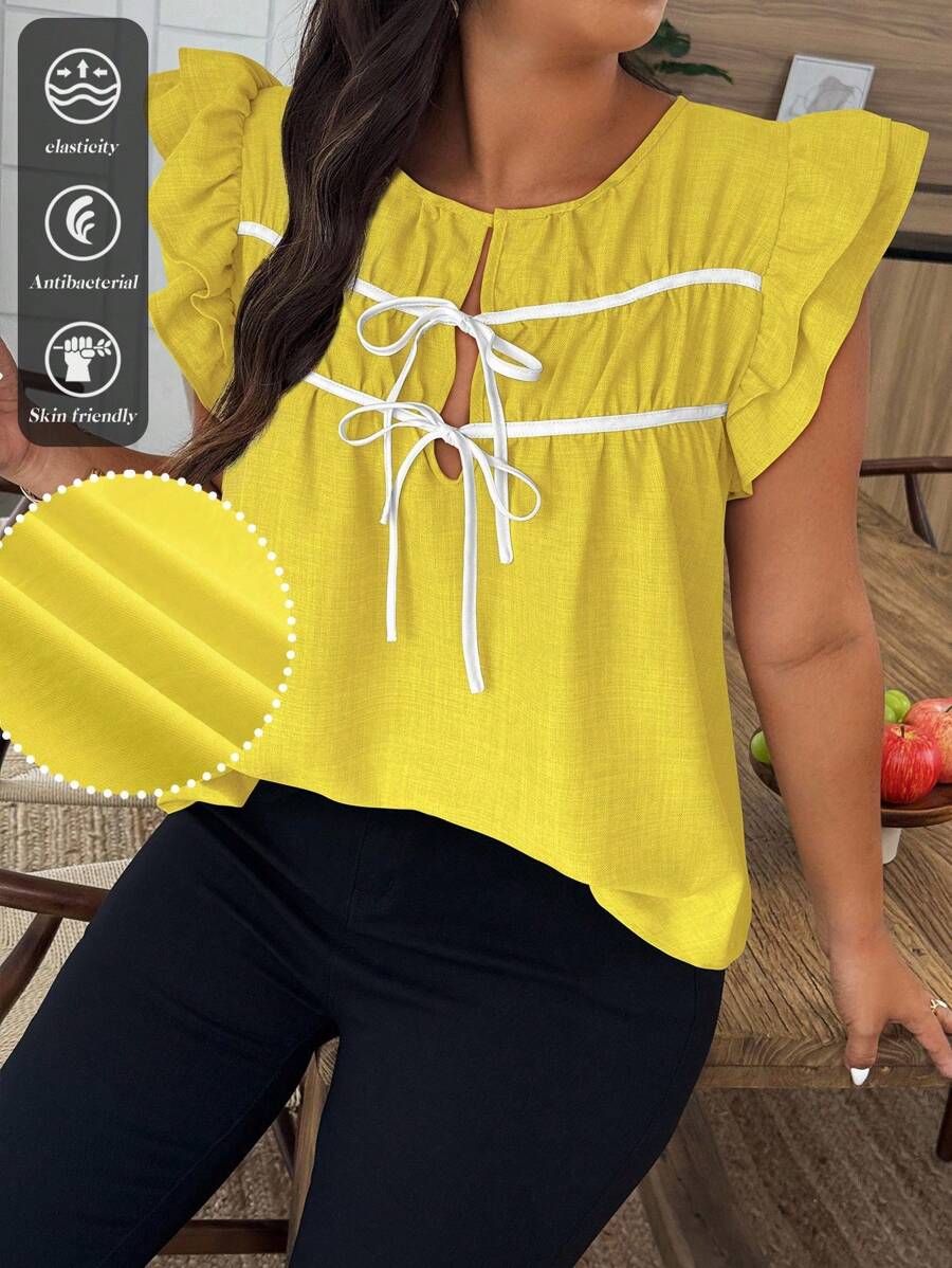 Weeklong Plus Size Relaxed Linen-Look Butterfly Pattern Short Cap Sleeve Shirt - Yellow - View 1