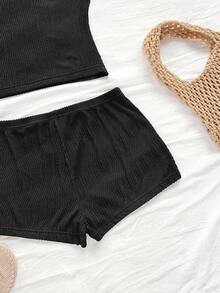 Soleia 女士纯色斜肩罗纹T恤和短裤休闲两件套 - 黑色 - 查看 6