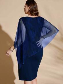 Flouryn 优雅网眼披肩拼接舒适针织二合一连衣裙，优雅大码连衣裙，春夏连衣裙