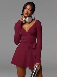 Athîral 女式纯色交叉V领长袖修身衬衫 - 玫瑰紅 - 查看 3