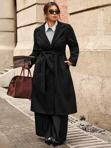 Easura 大码女式复古优雅翻领羊毛混纺长款大衣，适合通勤，秋冬季