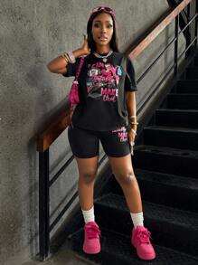 Rovax 女士夏季休闲两件套 - 标语印花圆领短袖T恤和短裤 - 黑色 - 查看 4