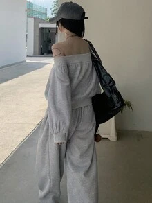 DAZY 女士露肩长袖运动衫和宽松休闲裤两件套，韩版，春秋 - 灰色 - 查看 5