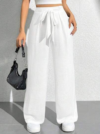 SHEIN PETITE Versatile Women's White Plain Straight Leg Tie-Waist Pants For Casual And Work Looks,Chic Pants For Women