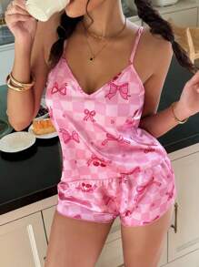 ZzzCrew 女士夏季仿丝格子蝴蝶结印花 Y2K 吊带背心和短裤睡衣套装 - 彩色 - 查看 4