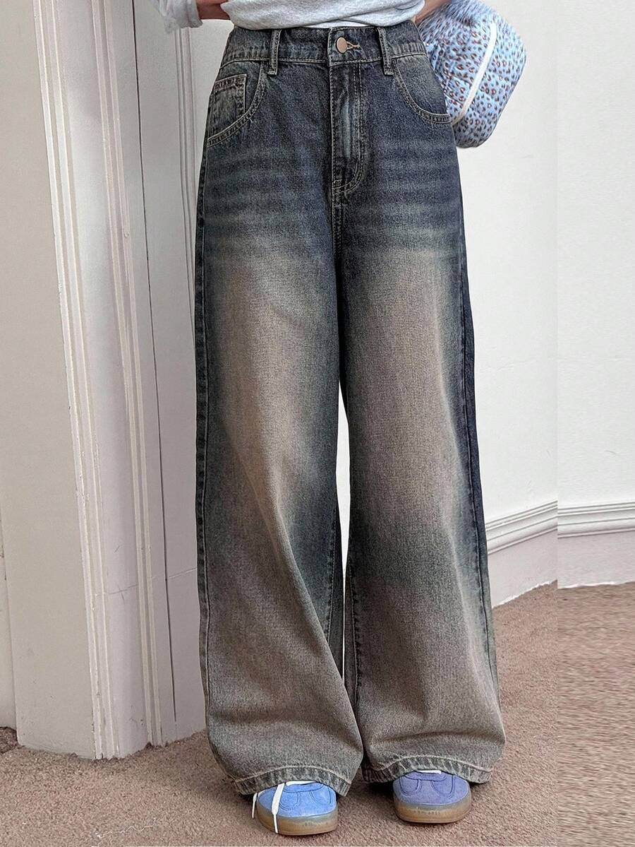 DAZY Tween 女童休闲破洞阔腿牛仔裤 - 藍色 - 查看 1