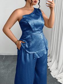 Ellevyn 2 件大码女式优雅金箔装饰无袖短款上衣和阔腿裤套装 - 藍色 - 查看 5