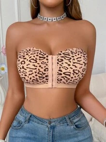 SHEIN Front Closure Leopard Print Bandeau Bra For Women, Cheetah Print Top - Coral Orange - View 4