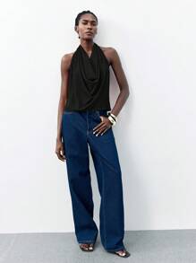 Maija 女士 Y2K 纯色垂坠领时尚吊带背心，适合商务、休闲、都市优雅、现代浪漫，适合派对、万圣节、圣诞节、约会、复古风格 - 黑色 - 查看 3