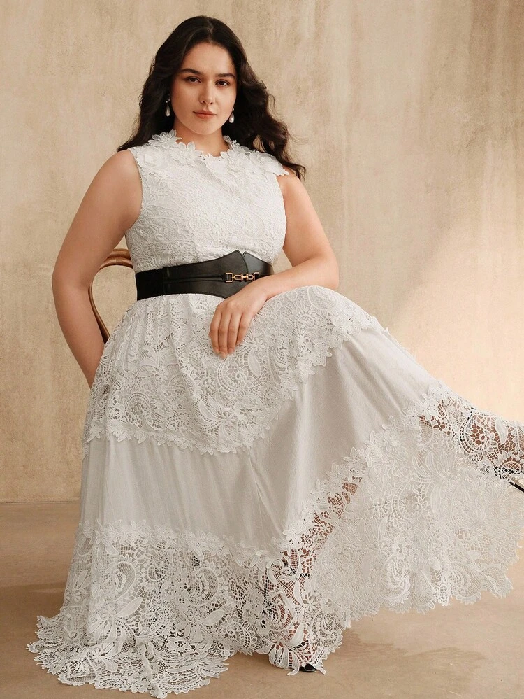 Water-Soluble Lace Embroidery French Elegant Waist Cinched Sleeveless Patchwork Dress