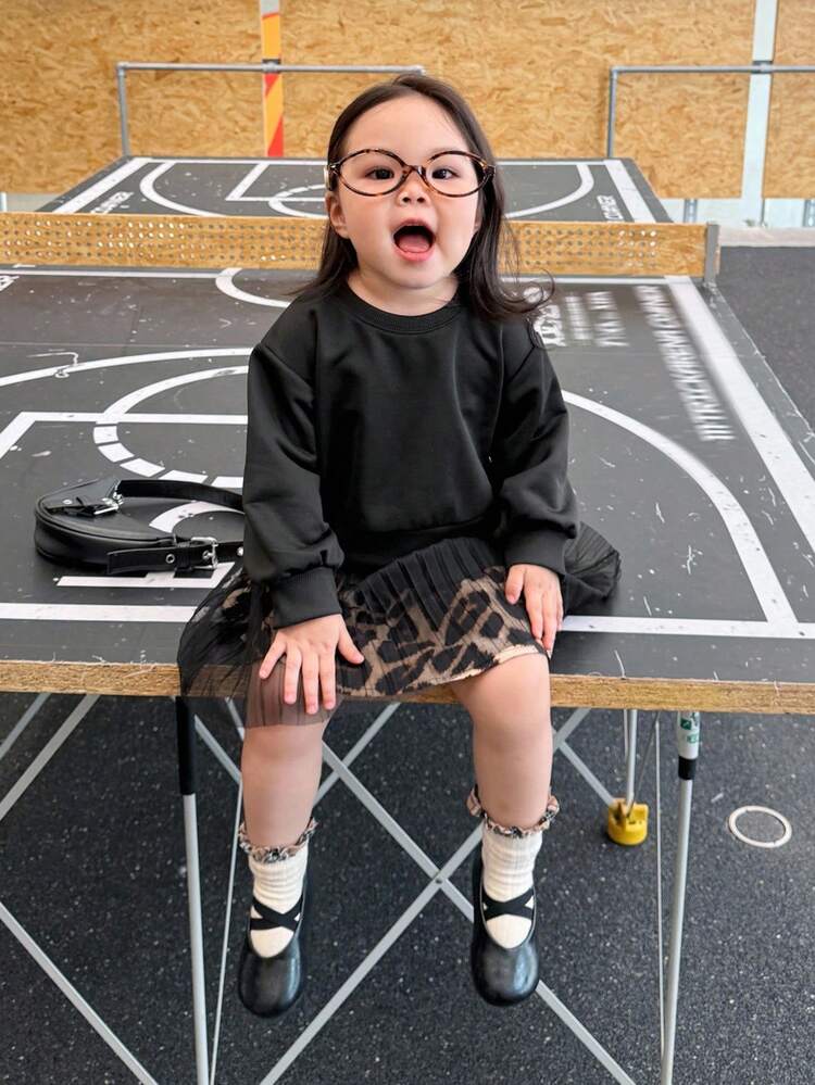 Toddler Girls' Round Neck Leopard Print Mesh Patchwork Long Sleeve Dress, Spring/Autumn