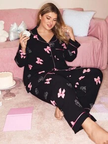SHEIN Cute Bow Print Contrast Color Lapel Long Sleeve Top & Pants Plus Size Loungewear Set, Fall Winter Clothes, Cozy Outfits, Christmas - Multicolor - View 1