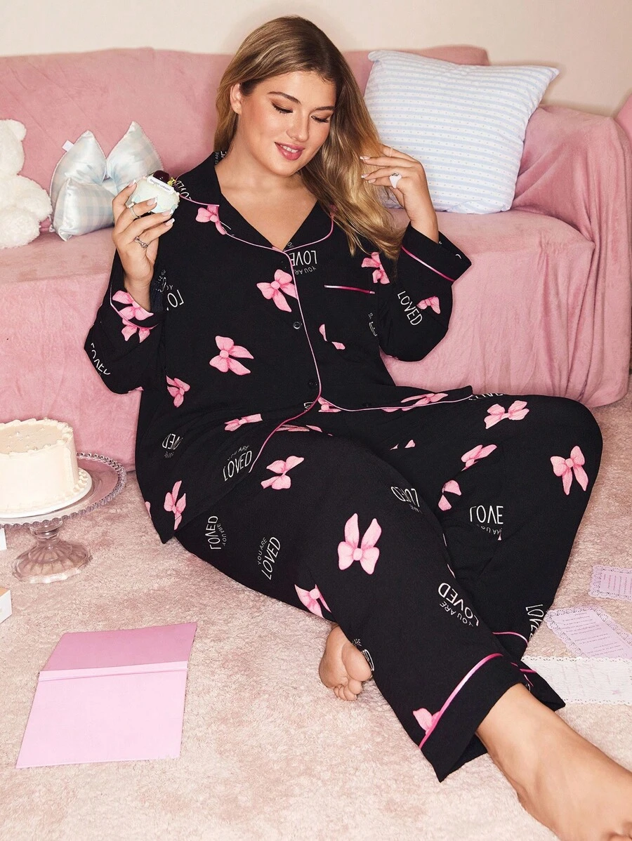 SHEIN Cute Bow Print Contrast Color Lapel Long Sleeve Top & Pants Plus Size Loungewear Set, Fall Winter Clothes, Cozy Outfits, Christmas - Multicolor - View 1