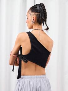 COUREZ 不对称单肩牛仔上衣/Y2K可爱上衣 外出上衣 秋季女装 性感露肩上衣 - 黑色 - 查看 3